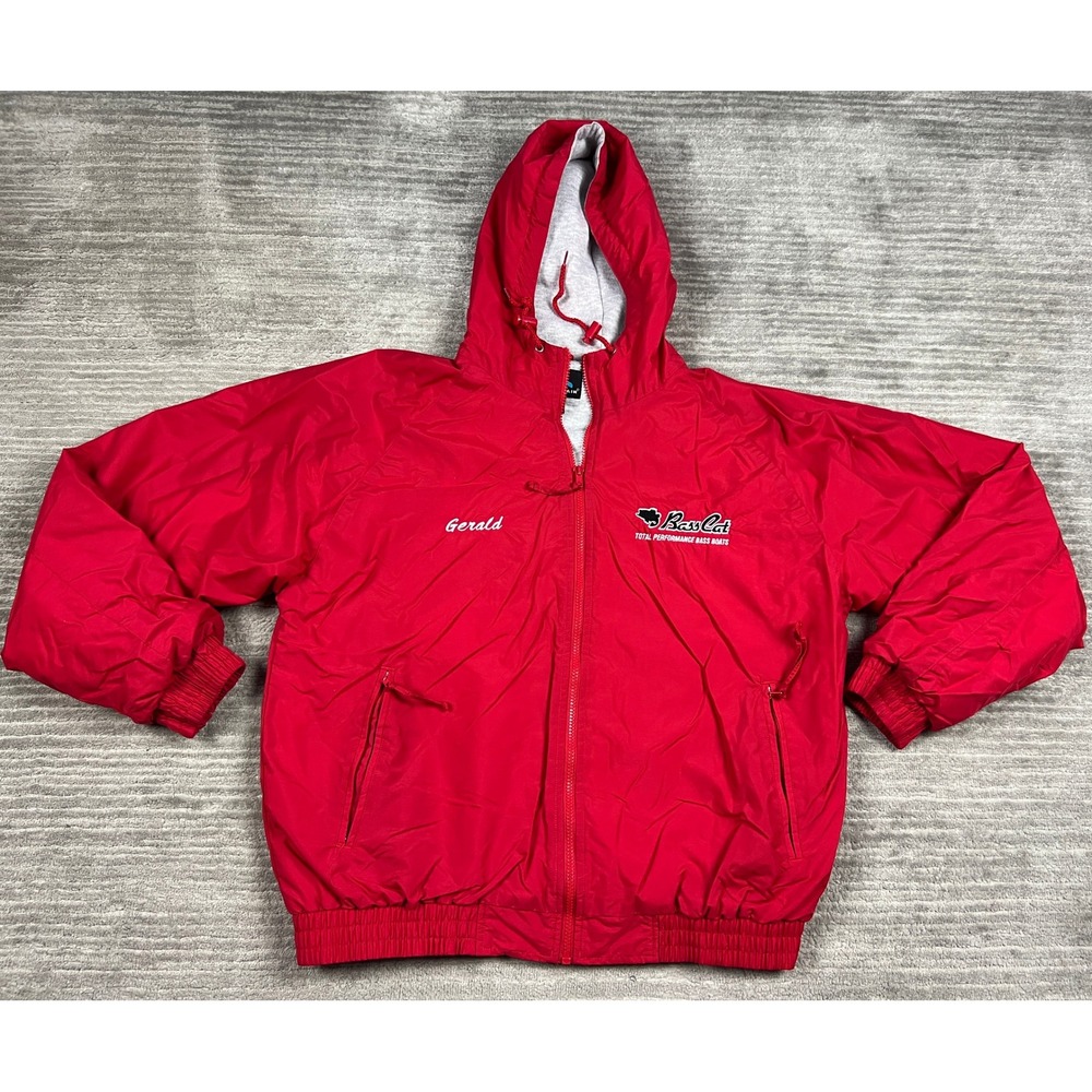 Tri-Mountain Windbreaker Mens L Red Bass Cat Boats Hooded Jacket Gerald Full Zip